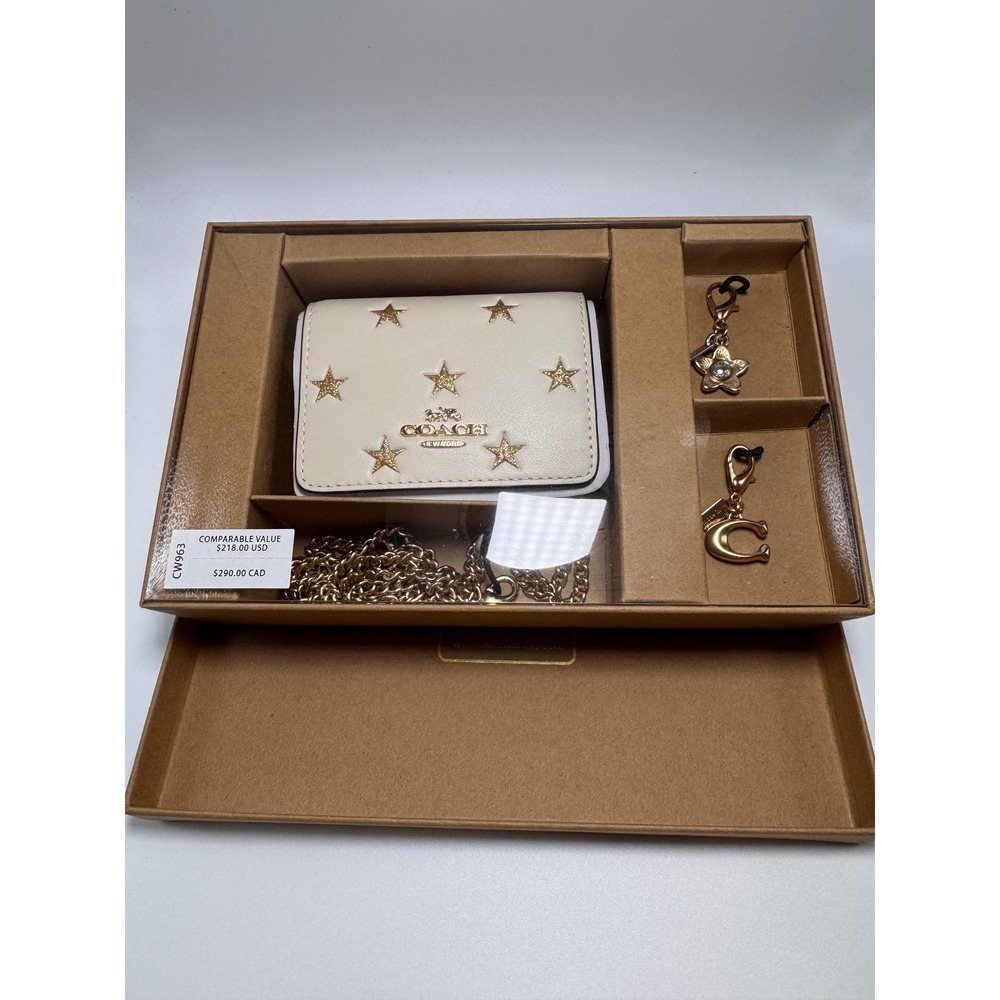 Coach Boxed Gift Set Mini Wallet On Chain Chalk White Gold Star CW963 Charms